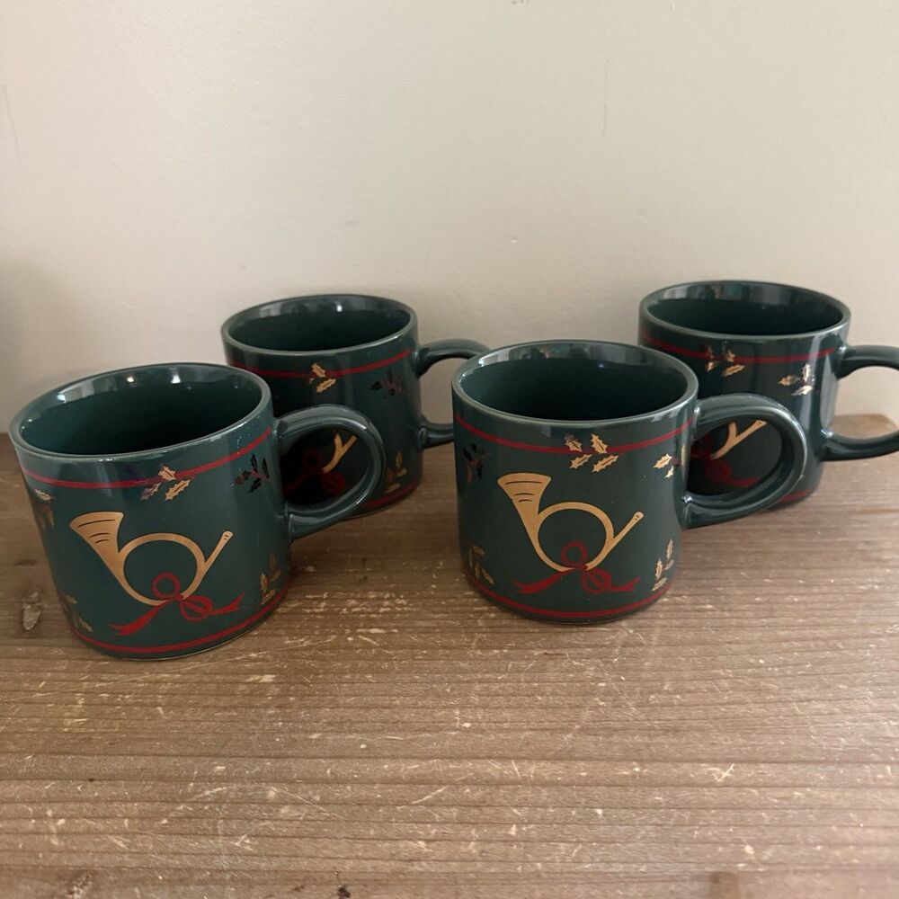 BROOKSTONE Horns Dark Green Christmas Holiday Ceramic Japan Mugs Set of 4 1988
